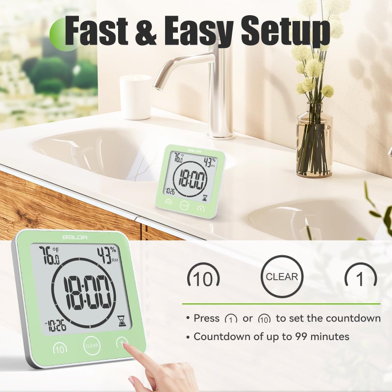 Baldr Shower Clock Waterproof Bathroom Clock with Timer/Temperature/Humidity, Digital Timers for Kids and Adults, Bath Kitchen Study, Green - Image 4